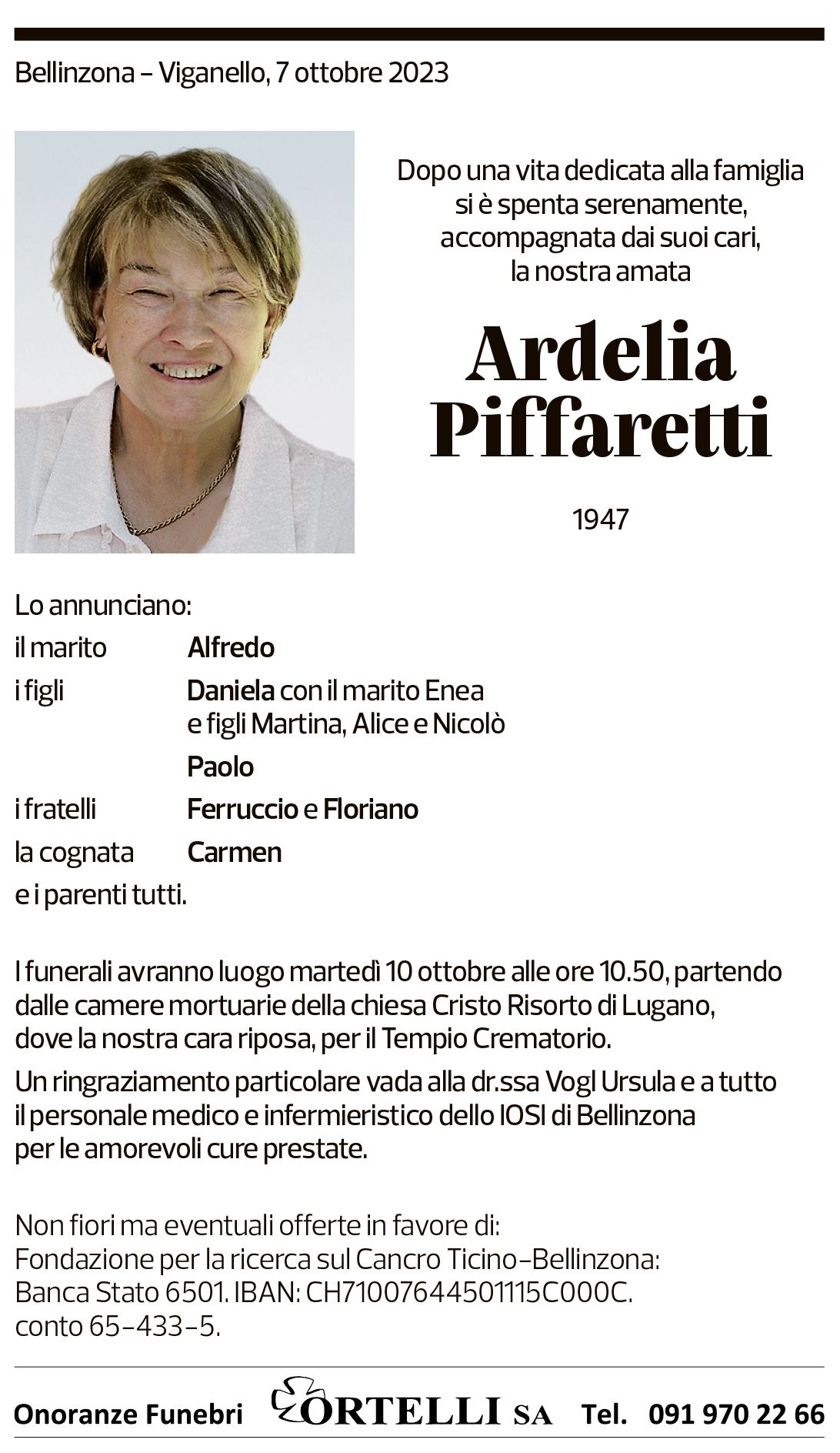 Annuncio funebre Ardelia Piffaretti