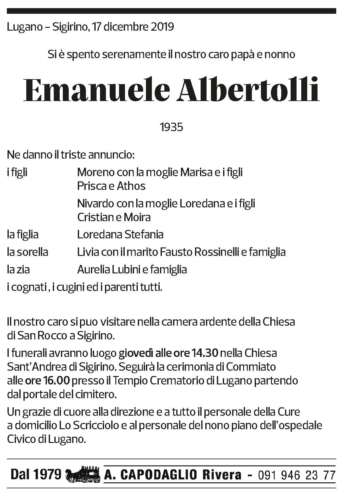Annuncio funebre Emanuele Albertolli