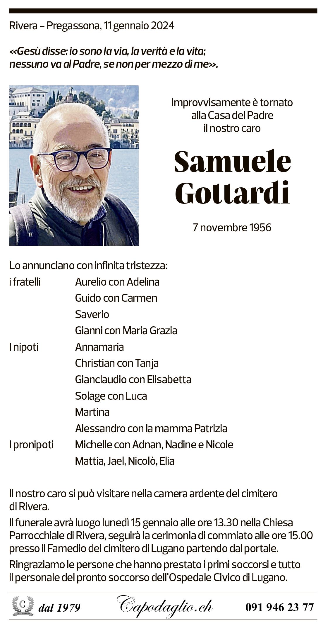 Annuncio funebre Samuele Gottardi