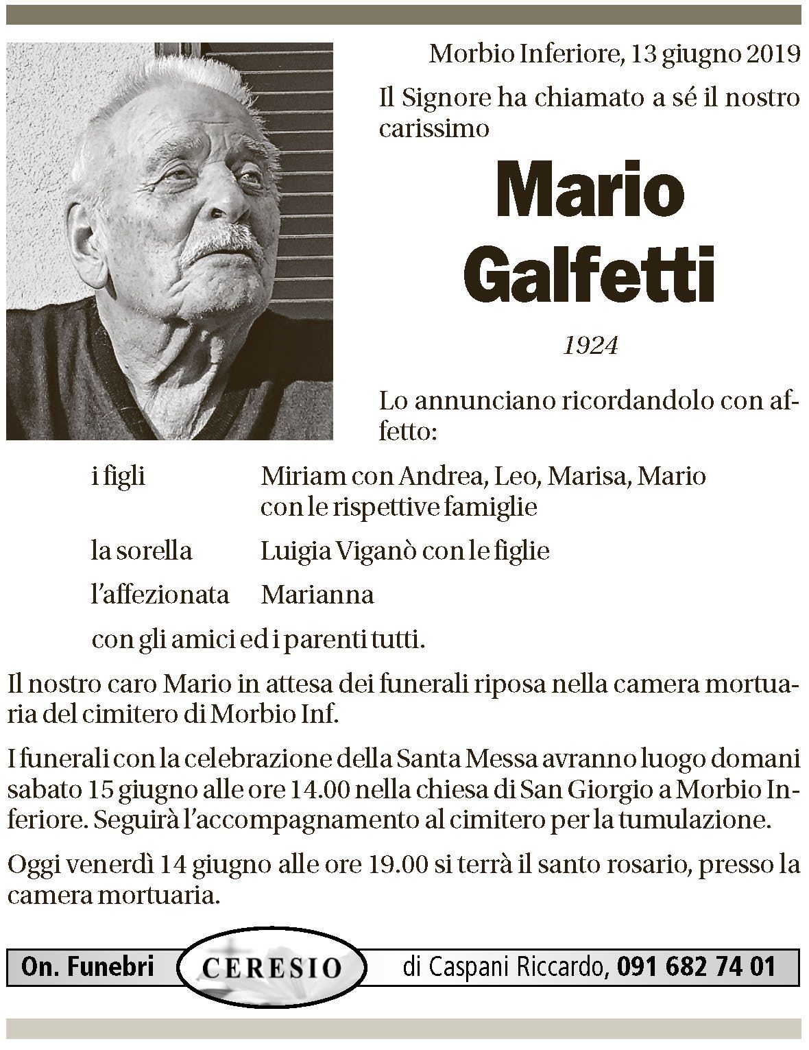 Annuncio funebre Mario Galfetti