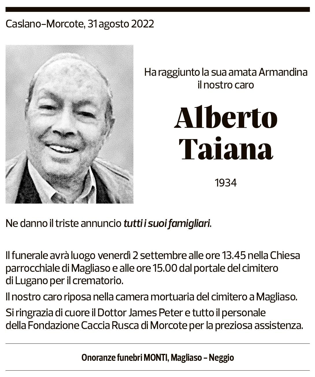 Annuncio funebre Alberto Taiana