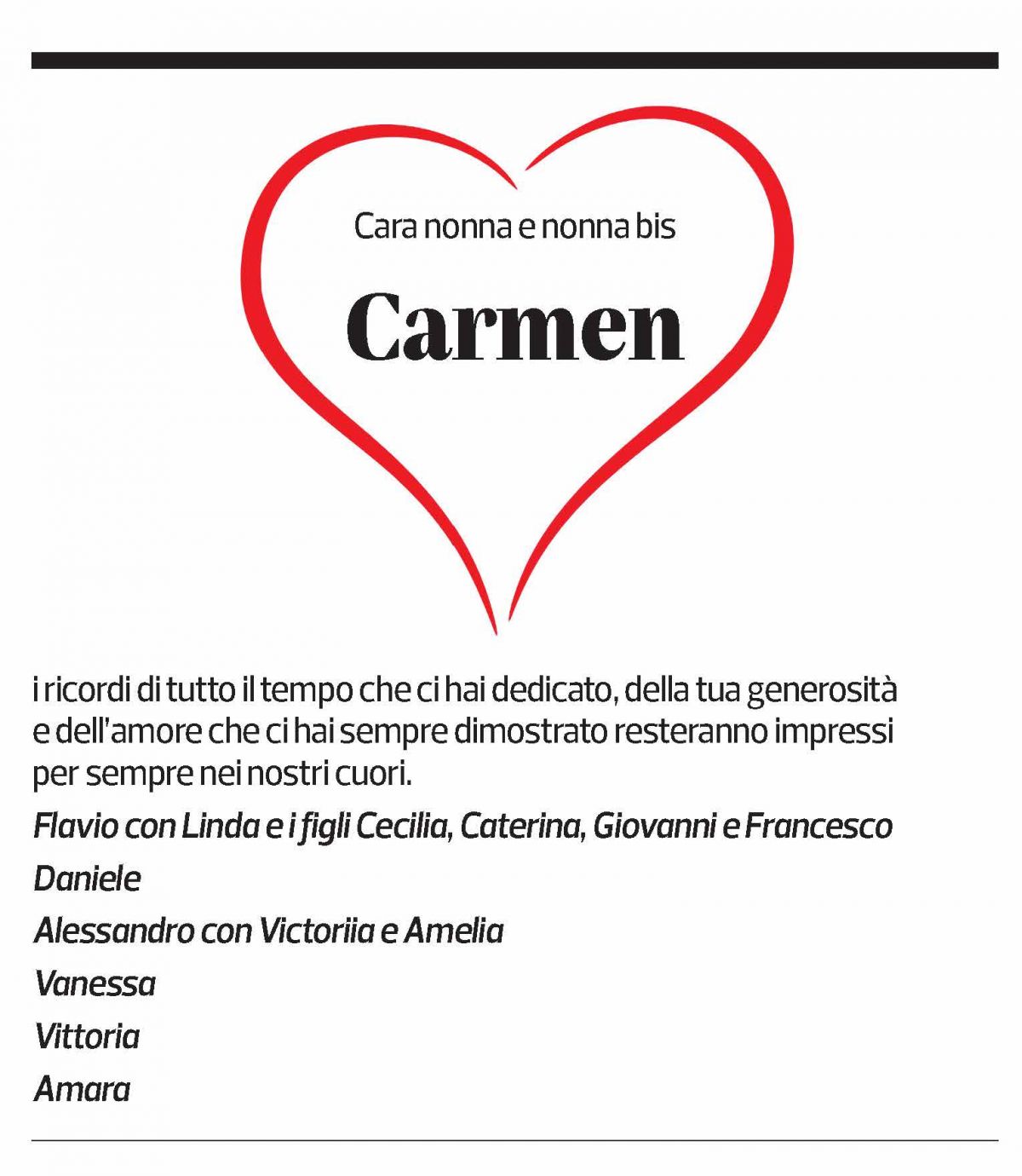 Annuncio funebre Carmen Taiana Casanova