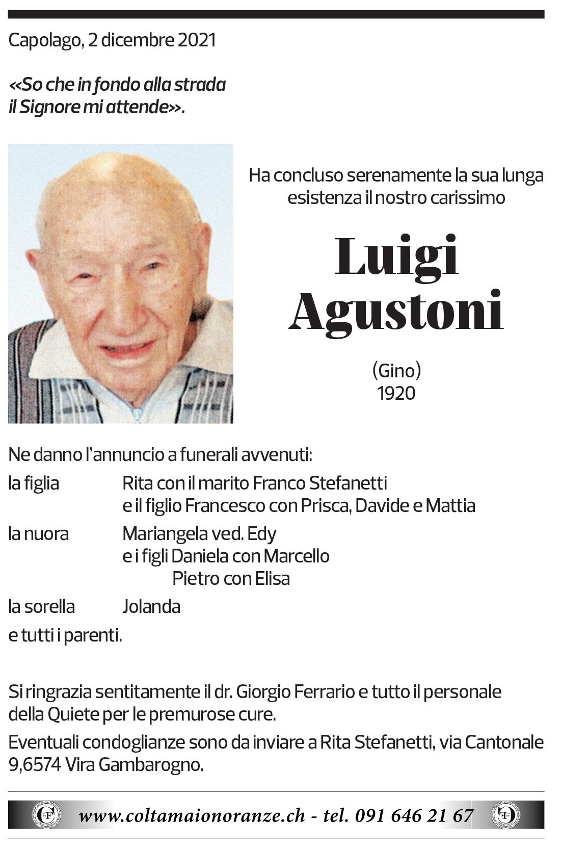 Annuncio funebre Luigi Agustoni