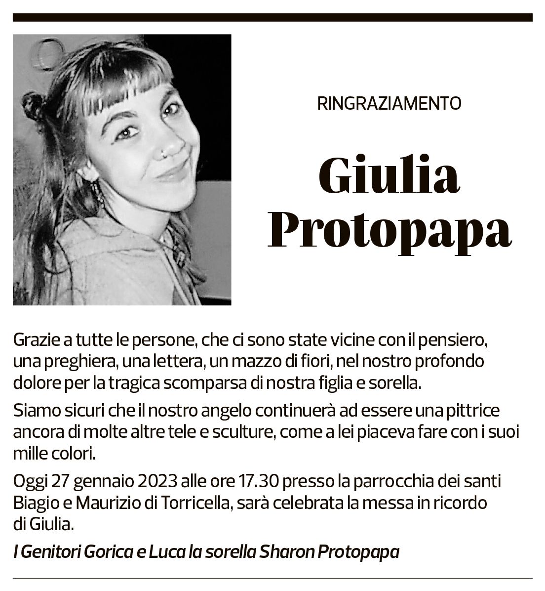 Annuncio funebre Giulia Protopapa