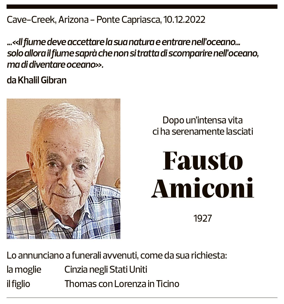 Annuncio funebre Fausto Amiconi