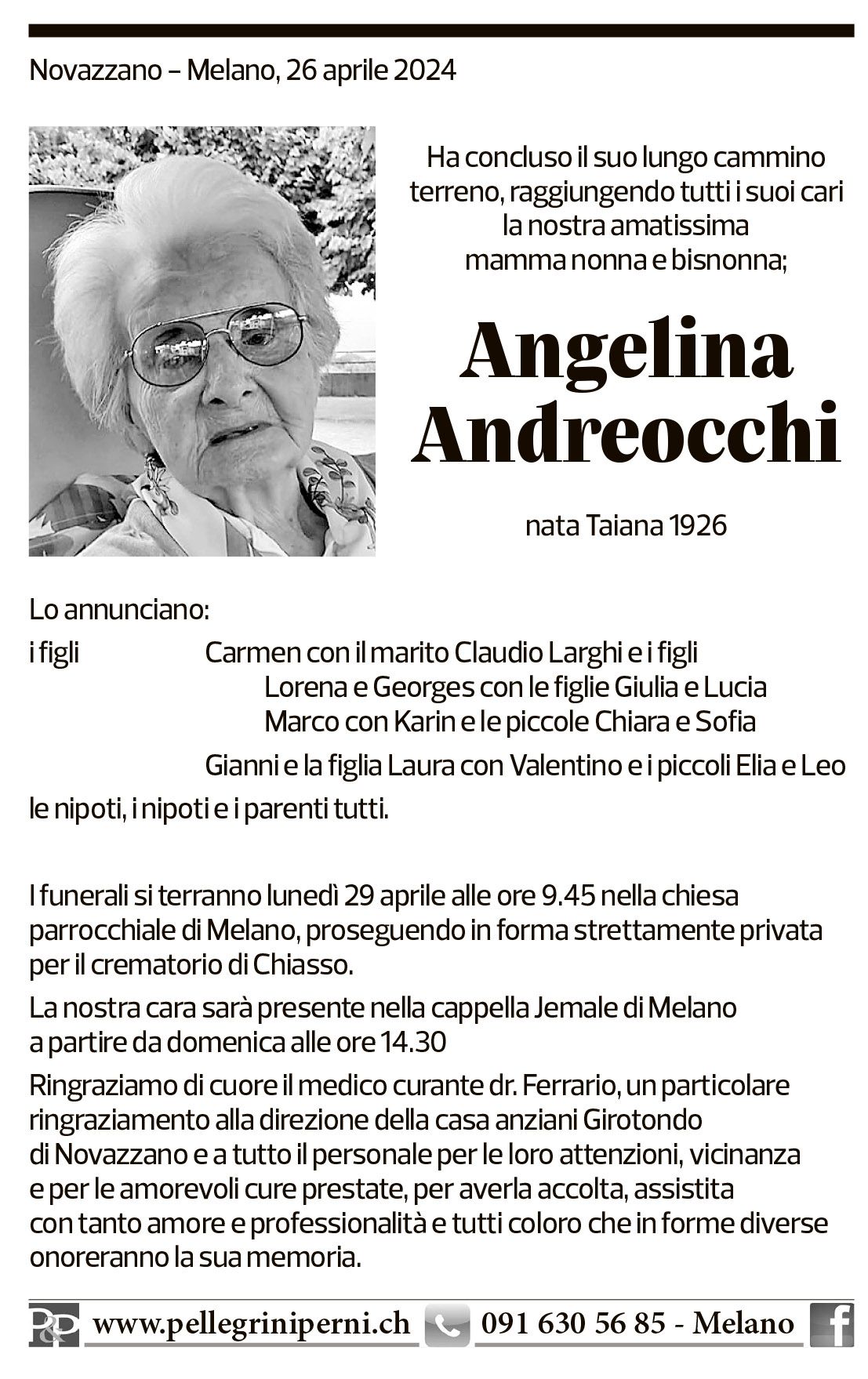 Annuncio funebre Angelina Andreocchi