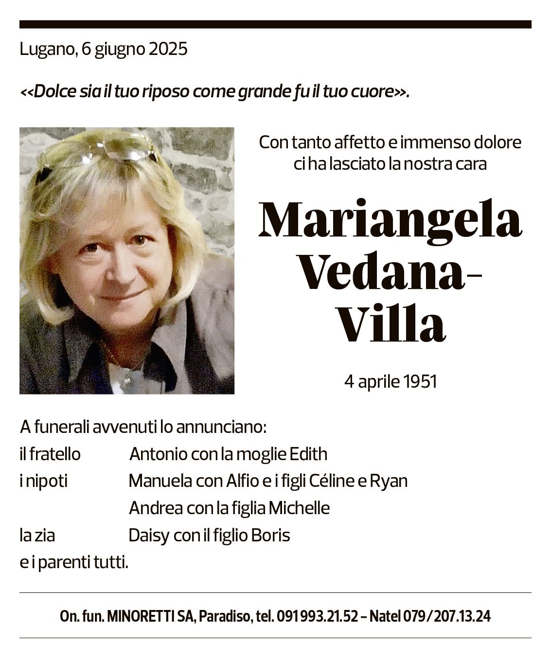 Annuncio funebre Mariangela Vedana-villa