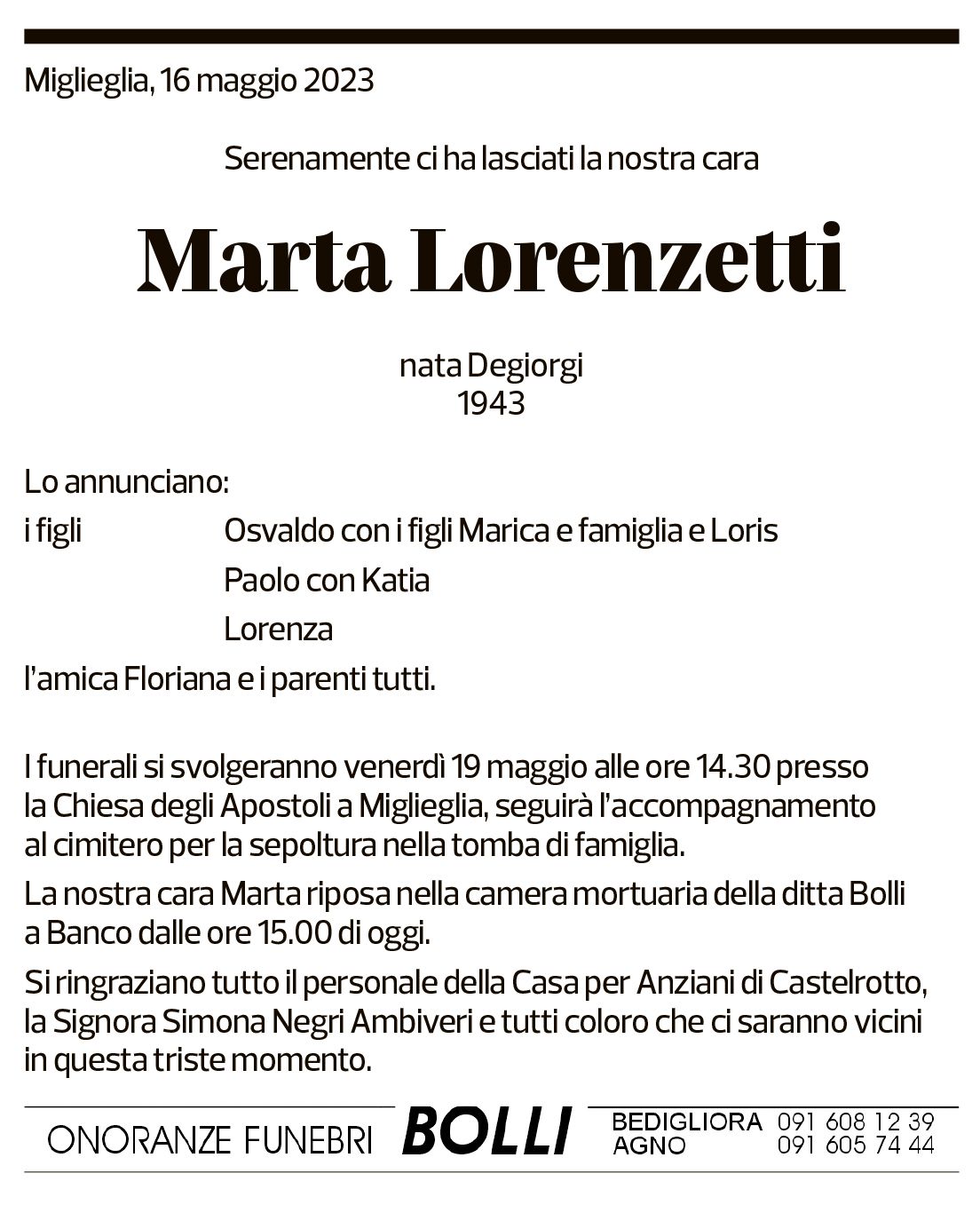 Annuncio funebre Marta Lorenzetti