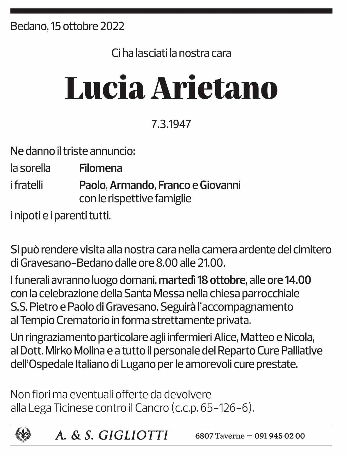 Annuncio funebre Lucia Arietano