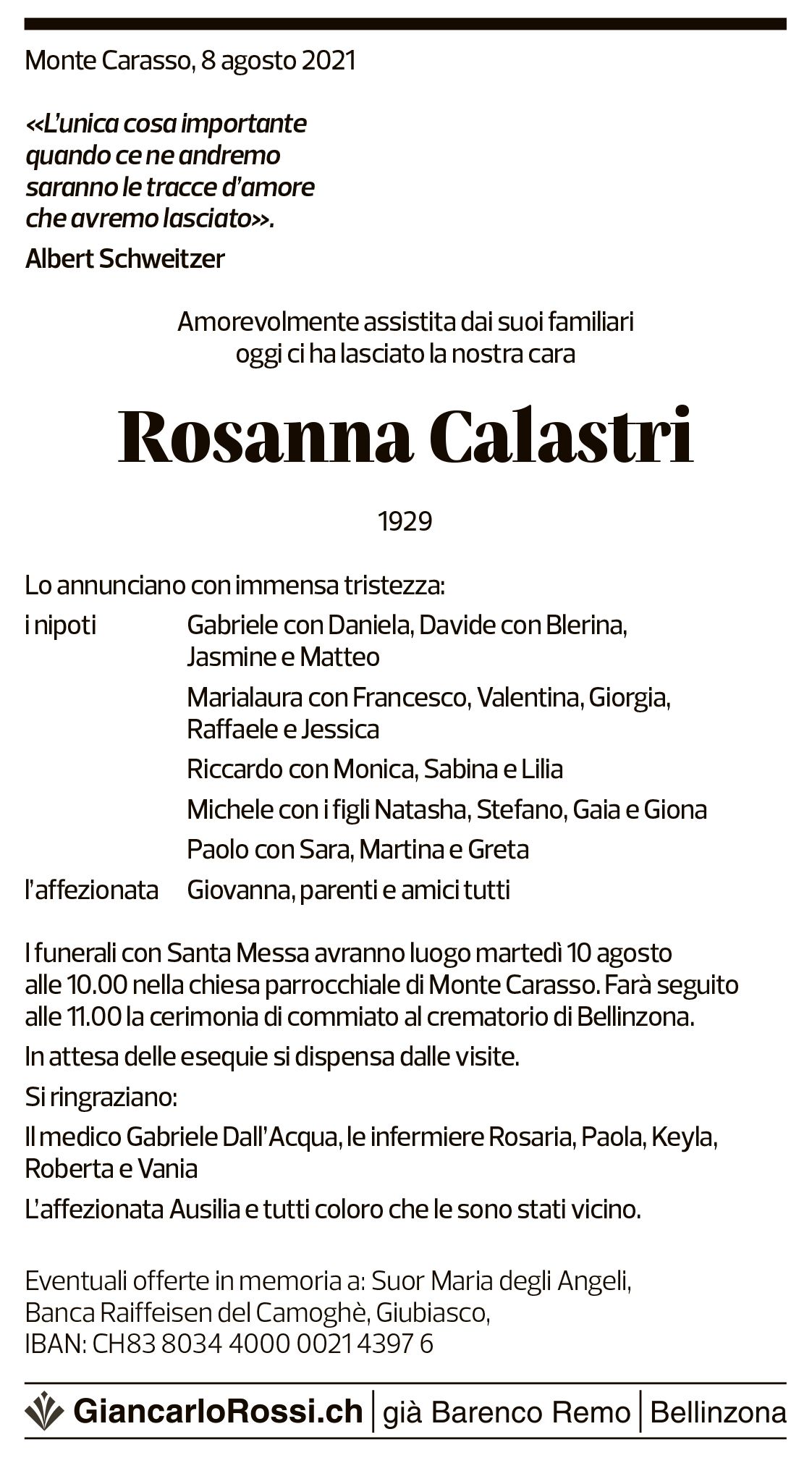 Annuncio funebre Rosanna Calastri