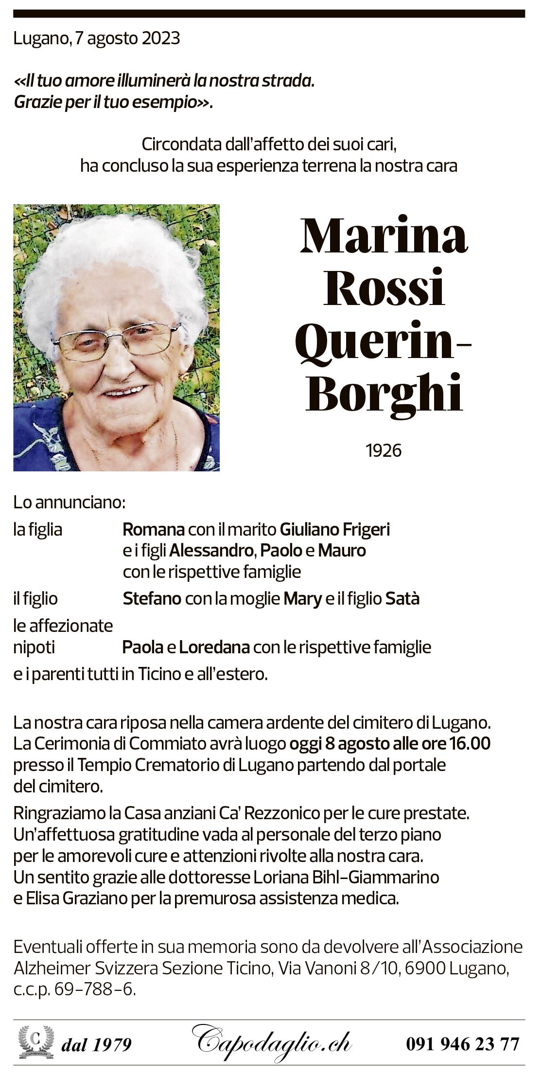 Annuncio funebre Marina Rossi Querin-borghi