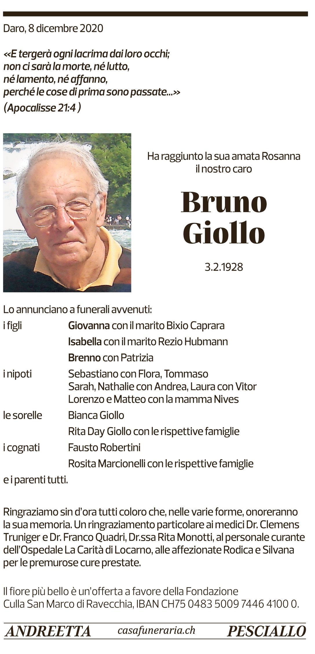 Annuncio funebre Bruno Giollo