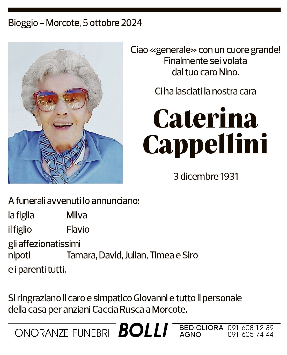 Annuncio funebre Caterina Cappellini