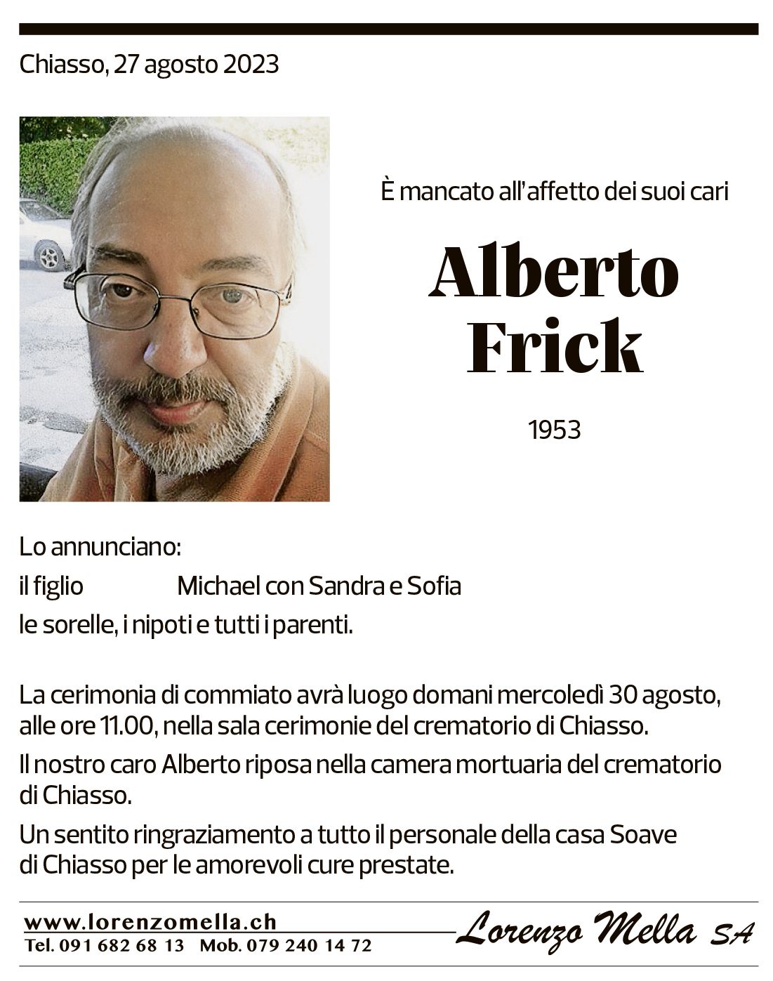 Annuncio funebre Alberto Frick