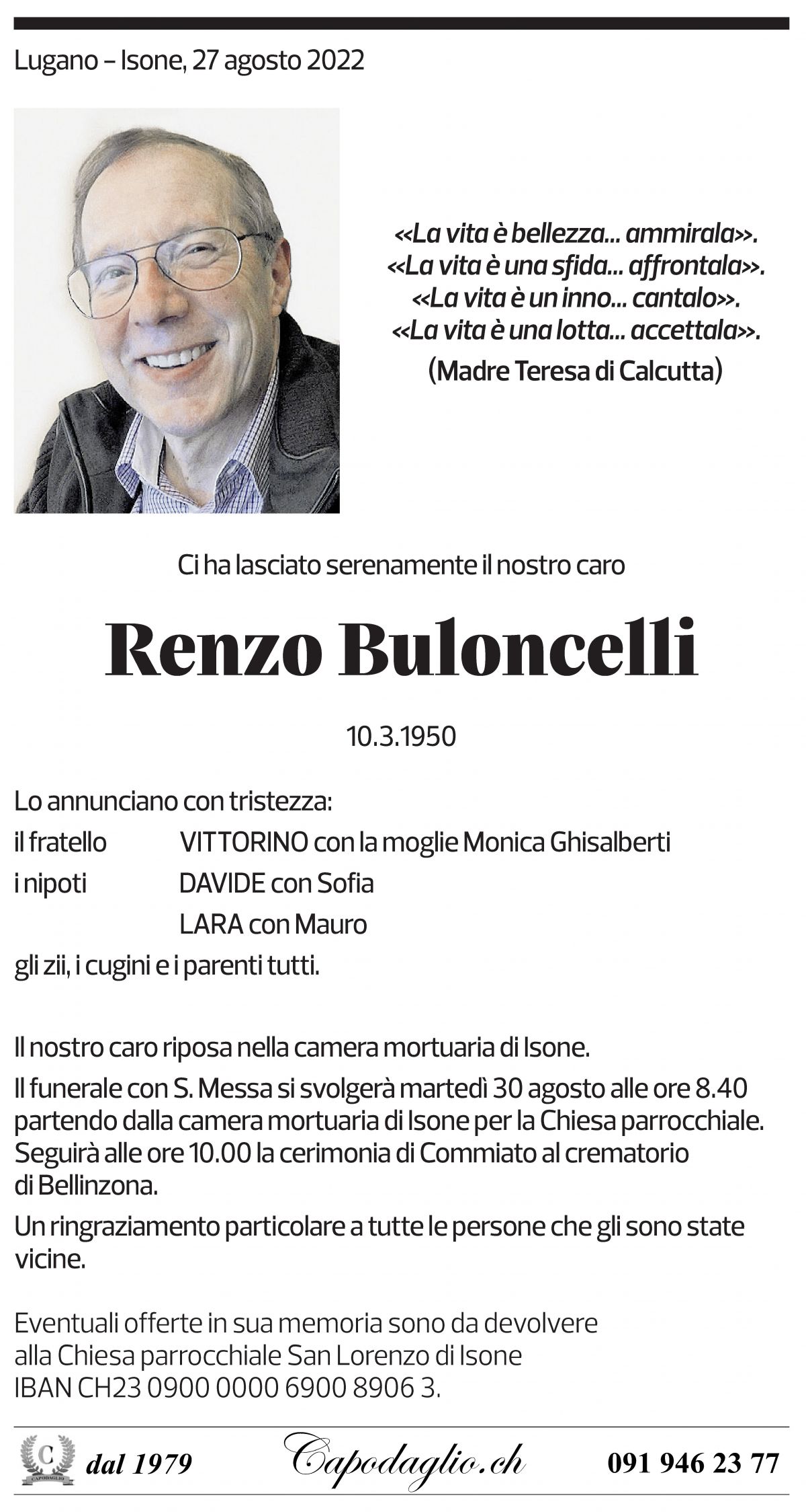 Annuncio funebre Renzo Buloncelli