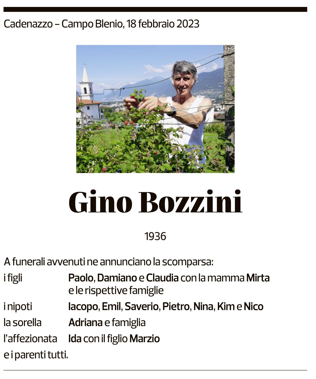 Annuncio funebre Gino Bozzini