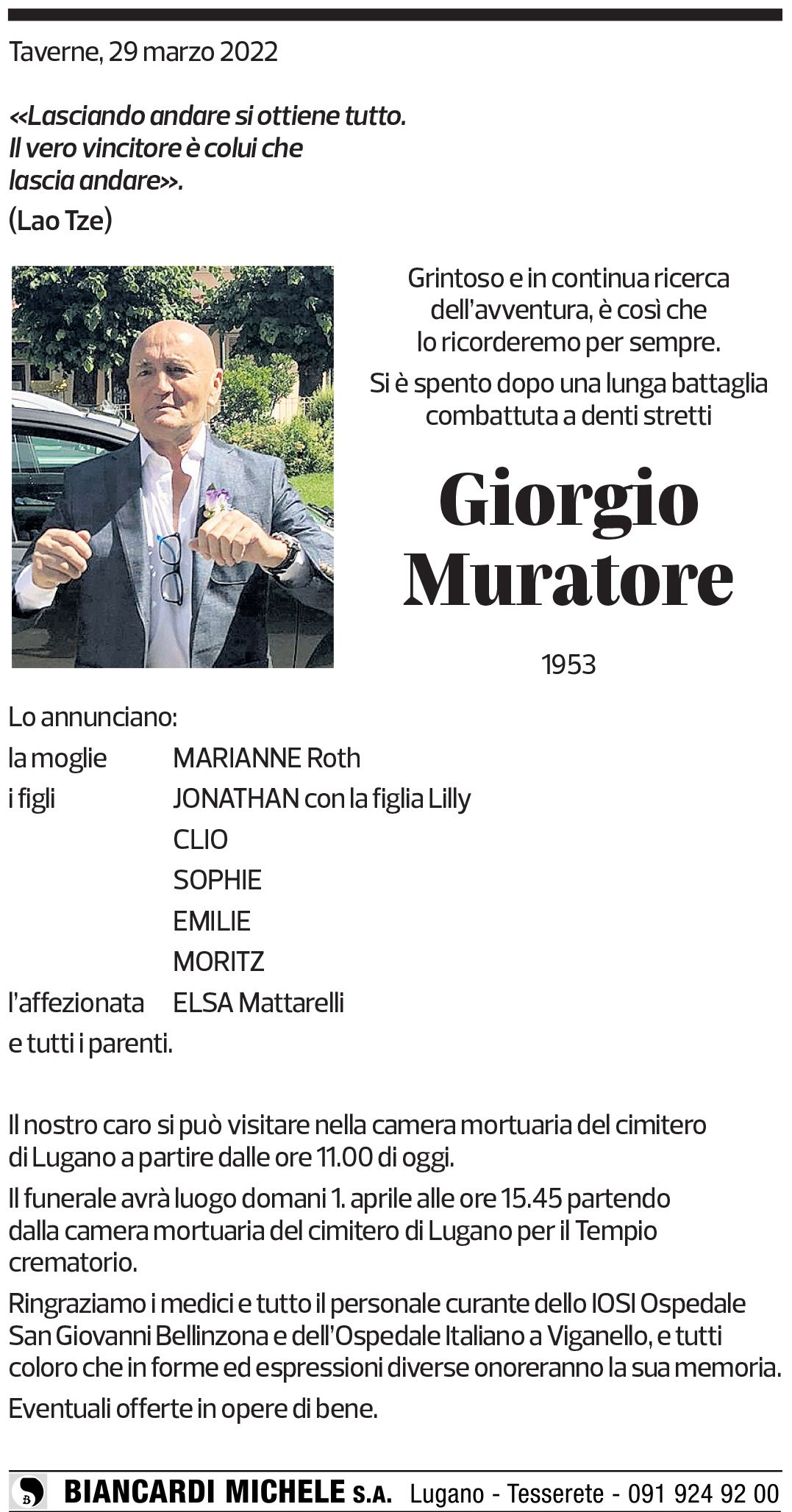 Annuncio funebre Giorgio Muratore