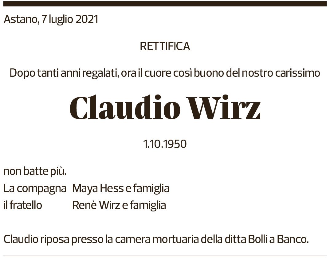 Annuncio funebre Claudio Wirz