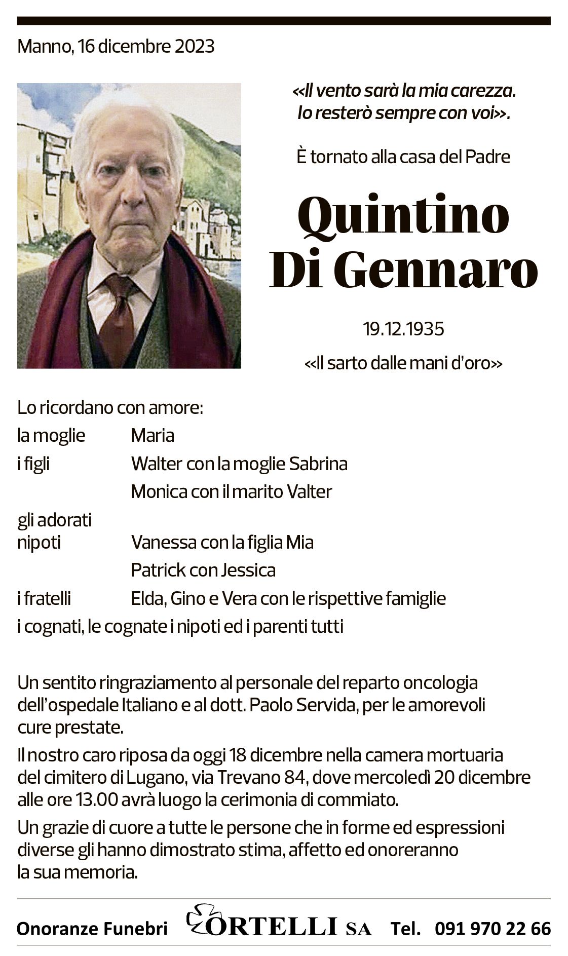 Annuncio funebre Quintino Di Gennaro