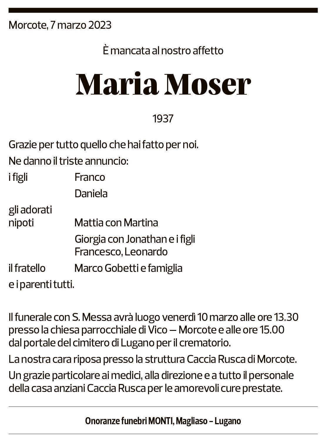 Annuncio funebre Maria Moser