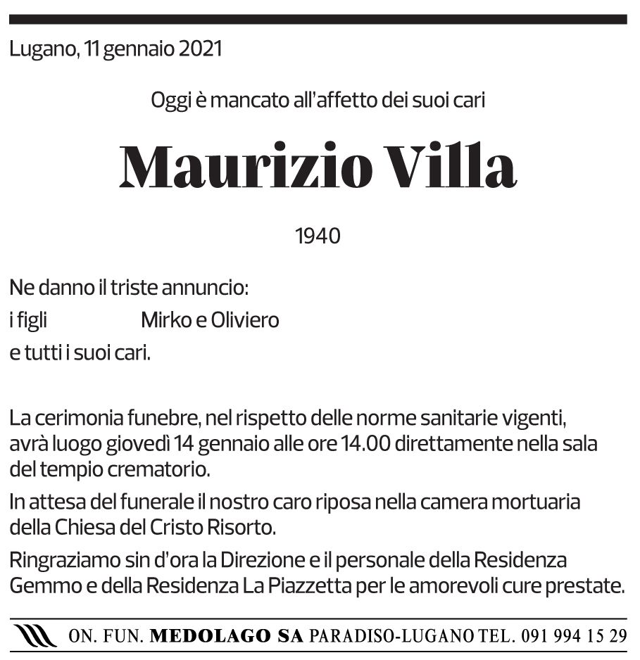 Annuncio funebre Maurizio Villa