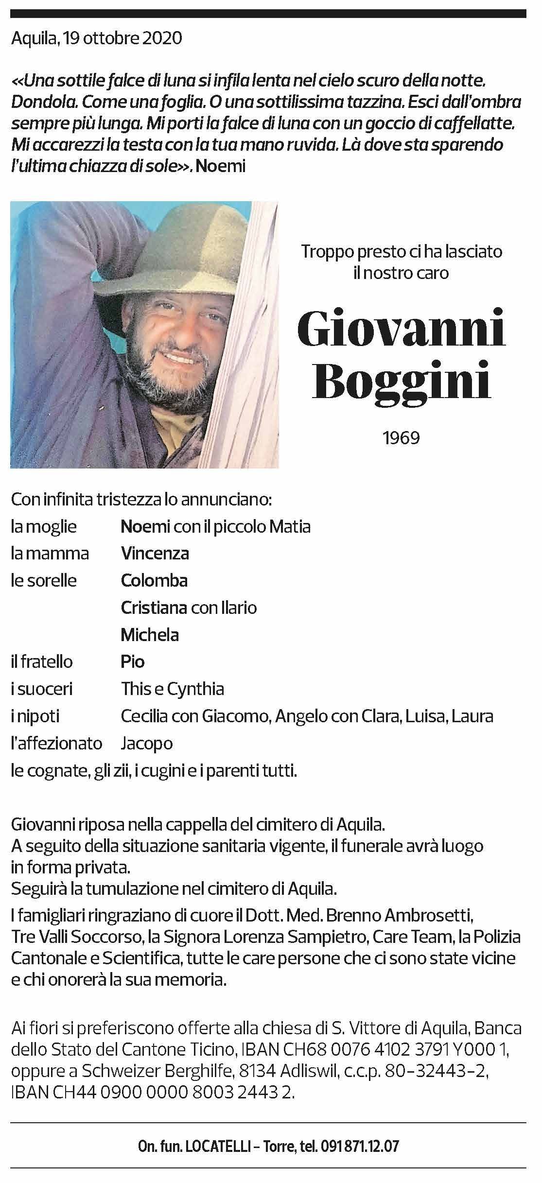 Annuncio funebre Giovanni Boggini