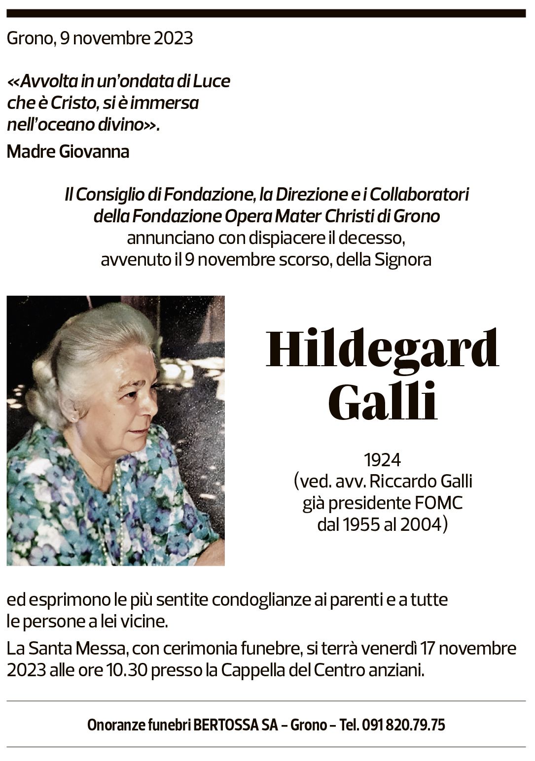 Annuncio funebre Hildegard Galli