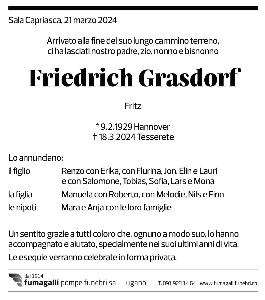 Annuncio funebre Friedrich Grasdorf