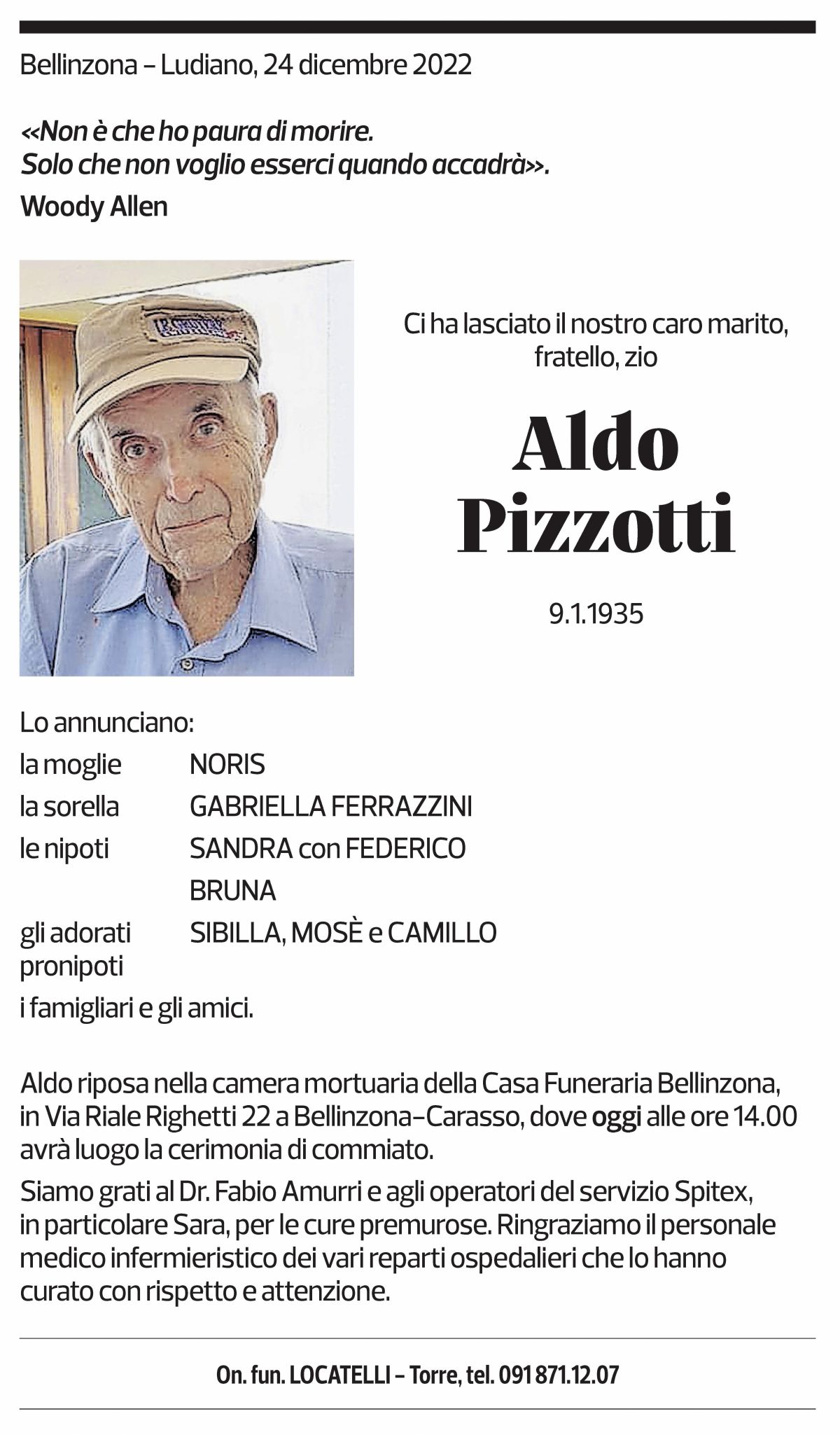 Annuncio funebre Aldo Pizzotti