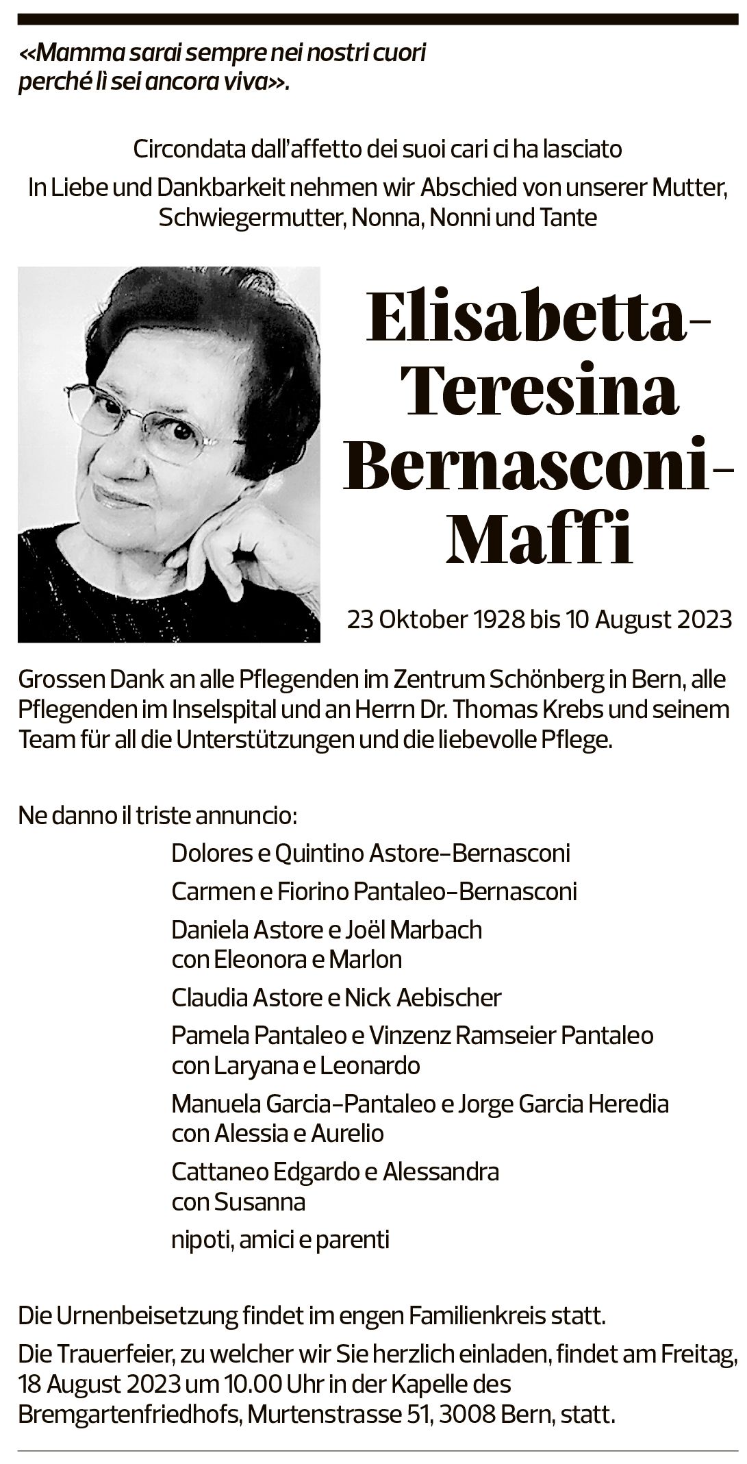 Annuncio funebre Elisabetta-teresina Bernasconi-maffi