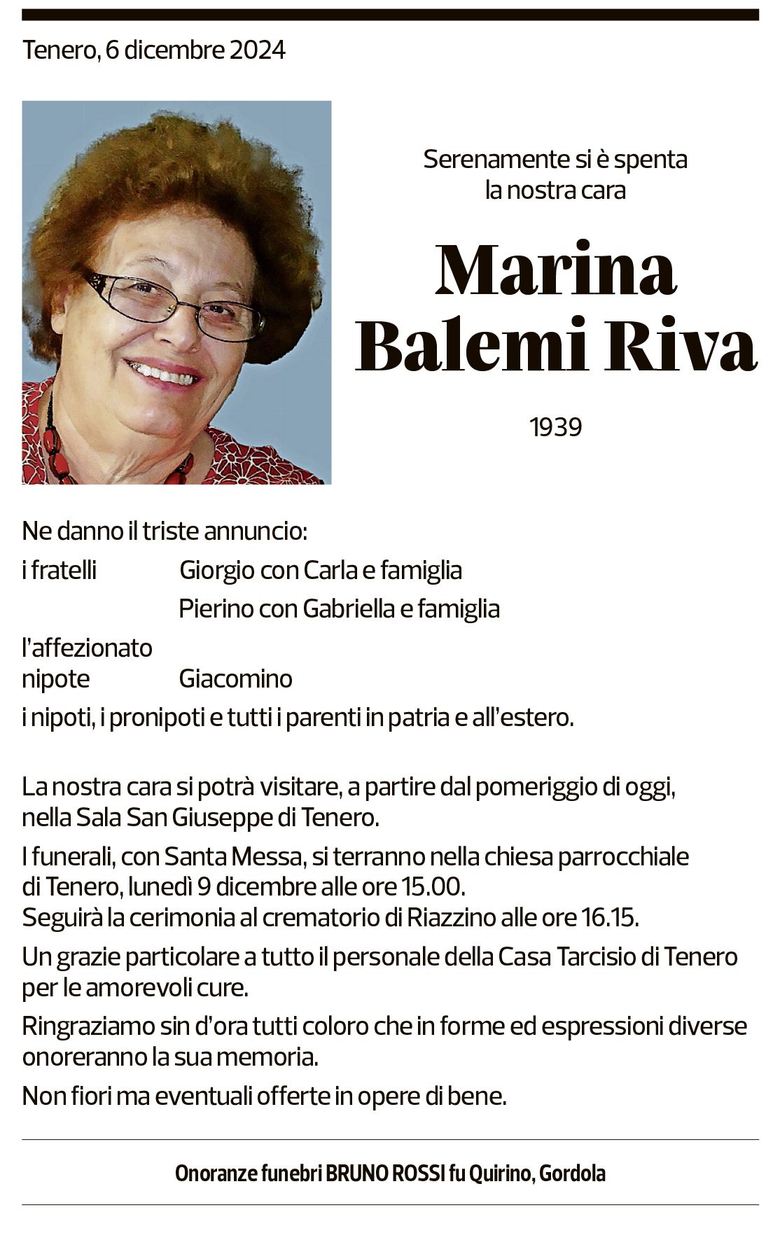 Annuncio funebre Marina Balemi Riva