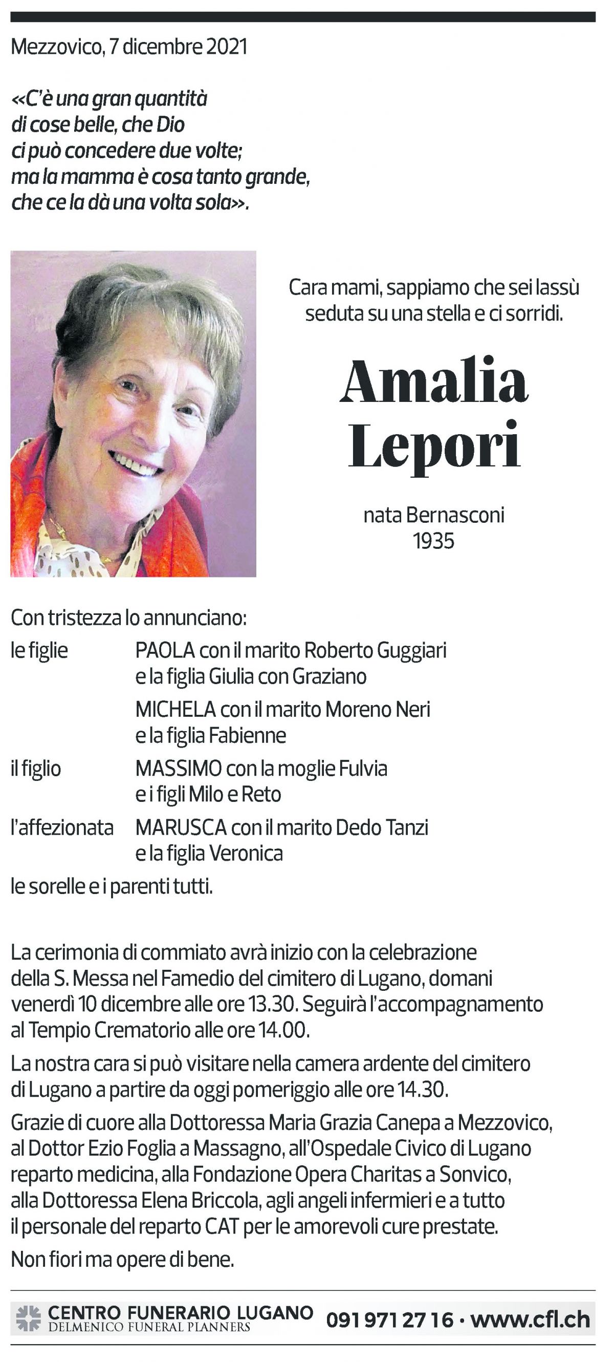 Annuncio funebre Amalia Lepori