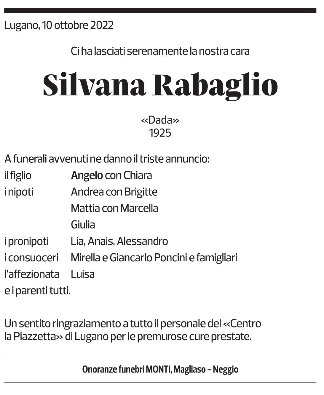 Annuncio funebre Silvana Rabaglio