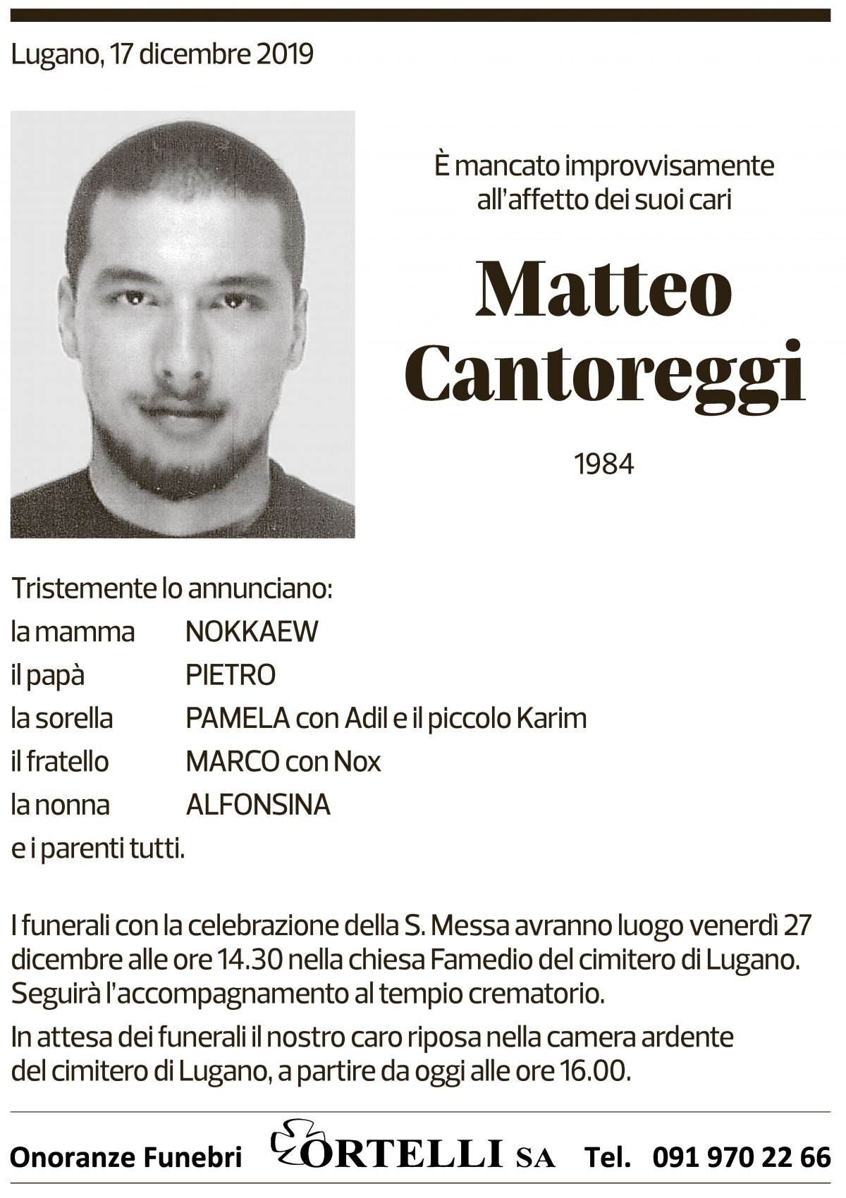 Annuncio funebre Matteo Cantoreggi