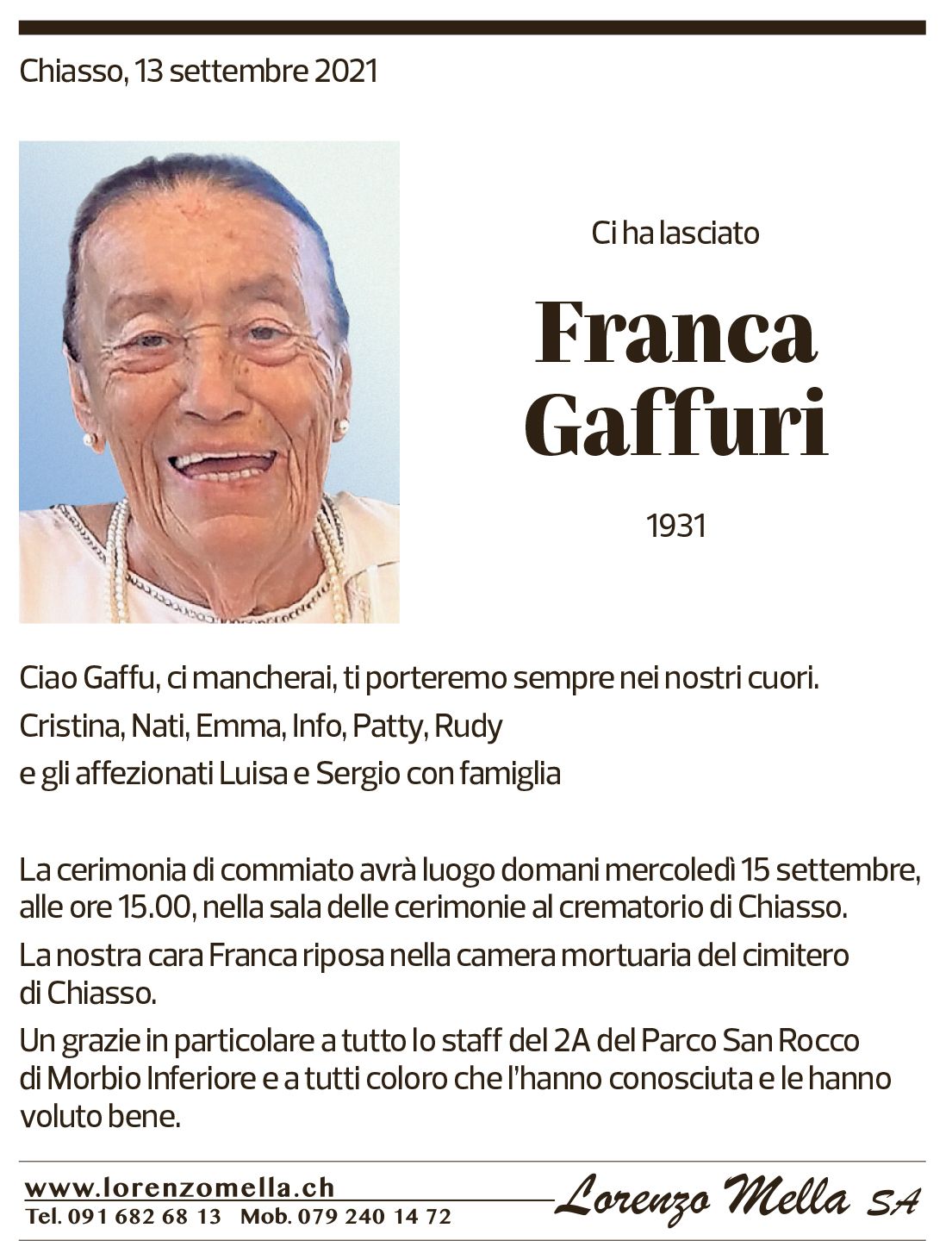 Annuncio funebre Franca Gaffuri