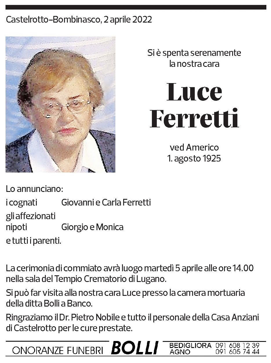 Annuncio funebre Luce Ferretti