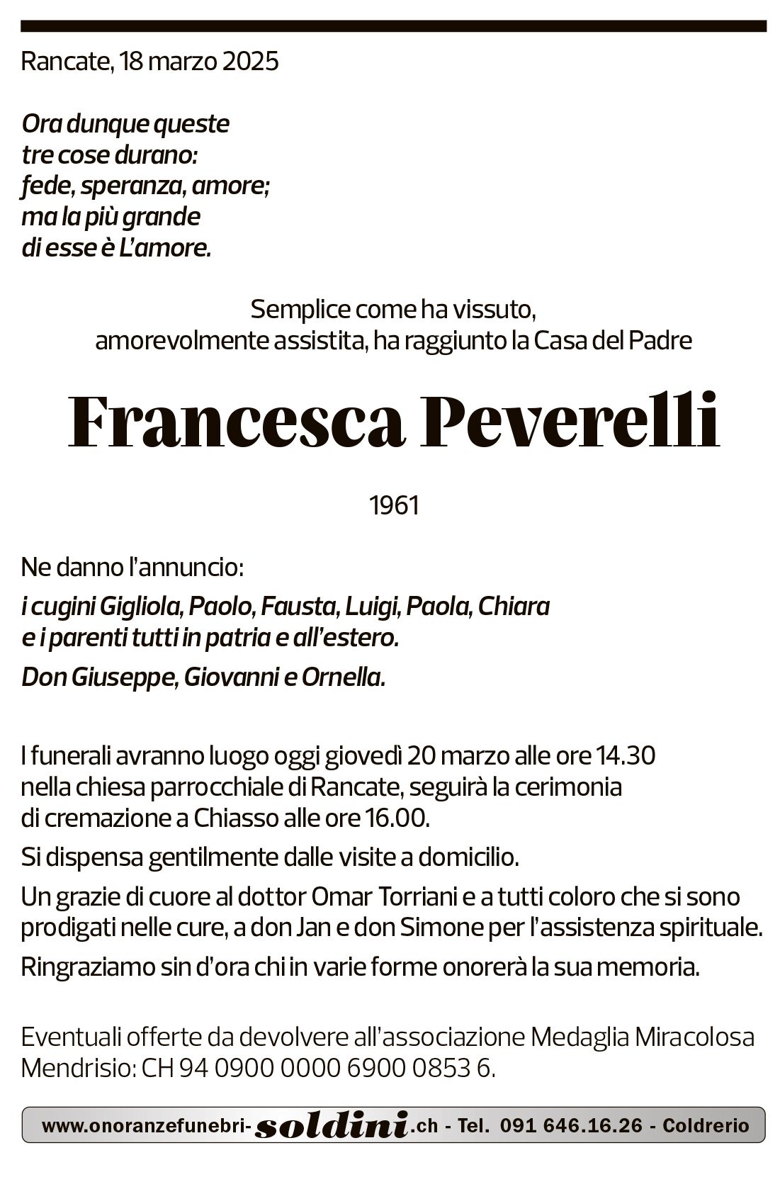 Annuncio funebre Francesca Peverelli