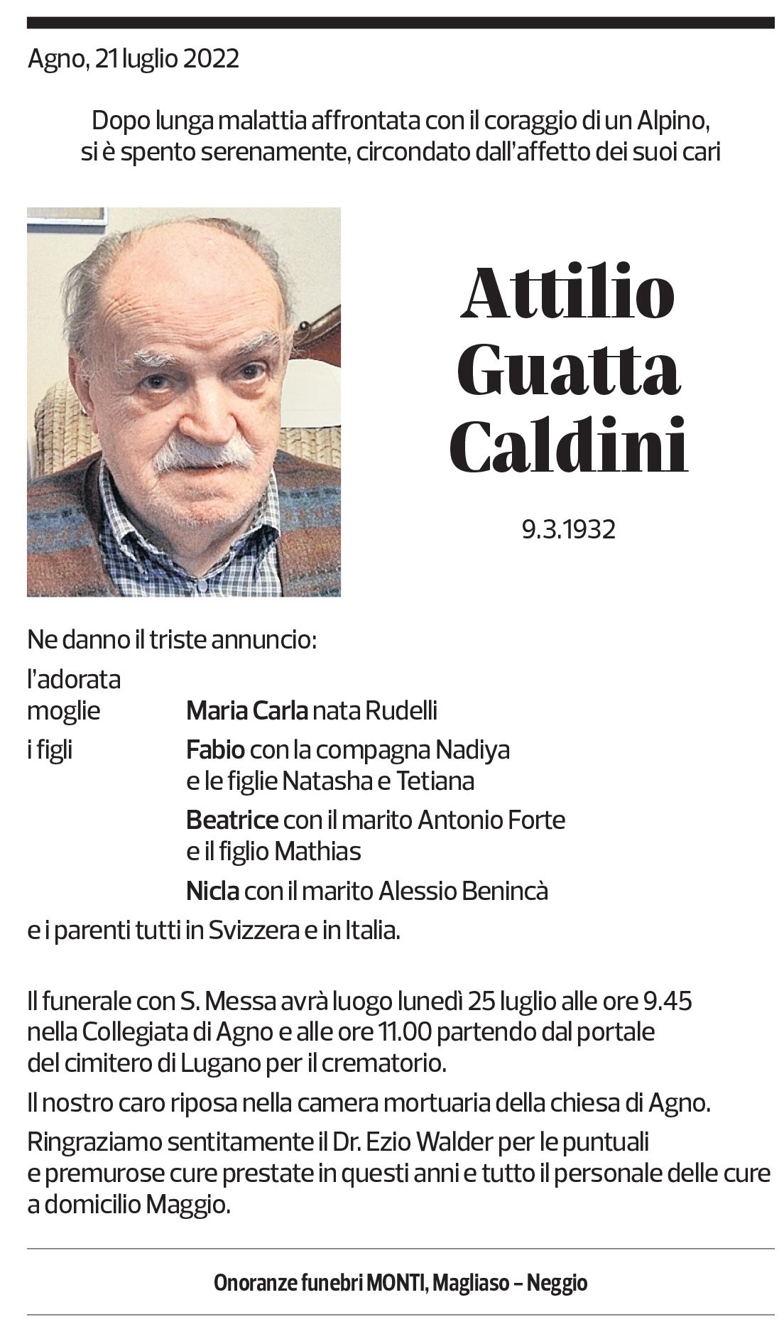 Annuncio funebre Attilio Guatta Caldini