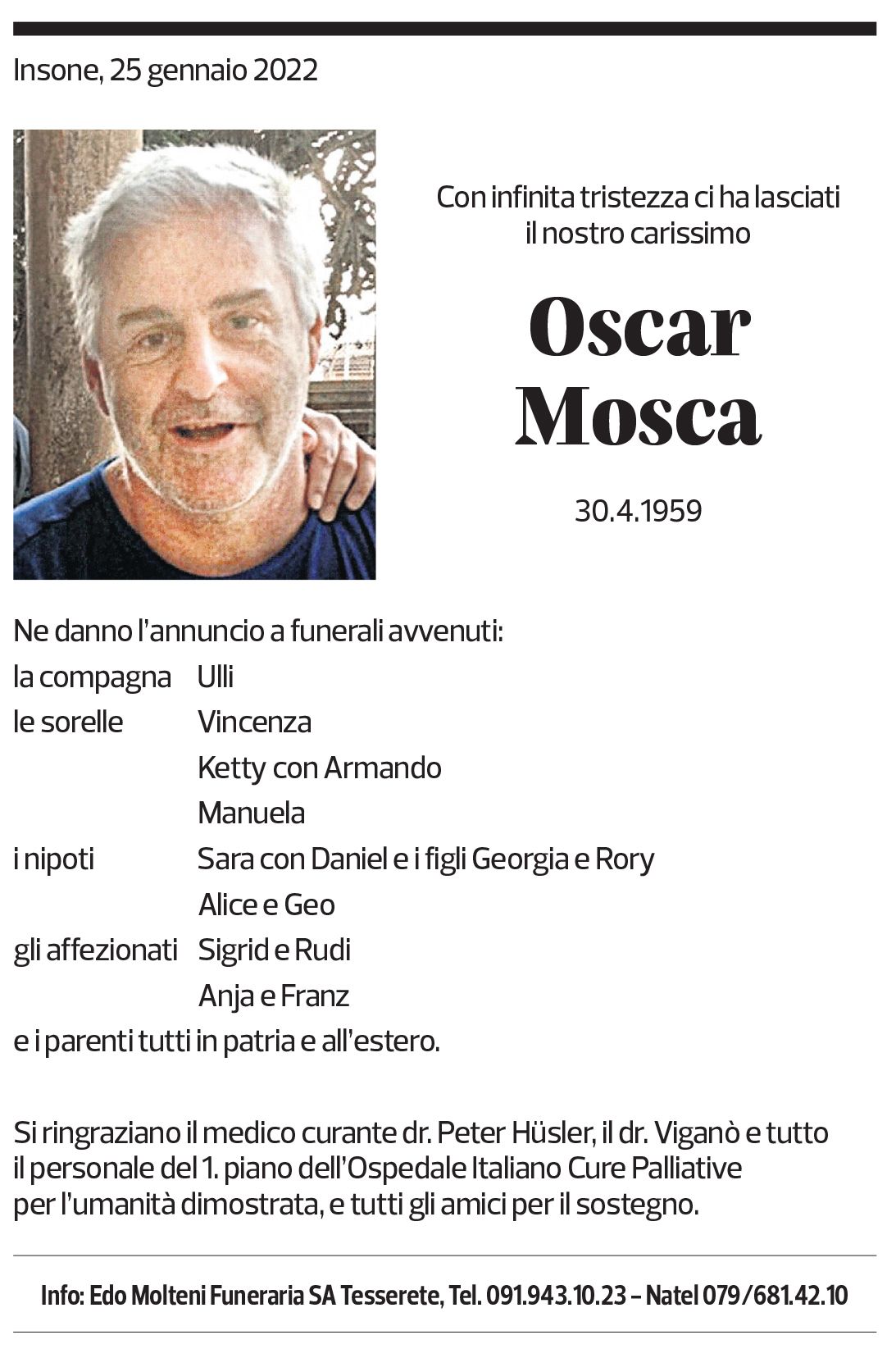 Annuncio funebre Oscar Mosca