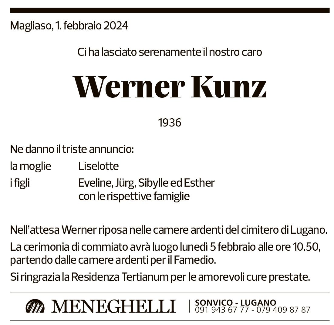 Annuncio funebre Werner Kunz