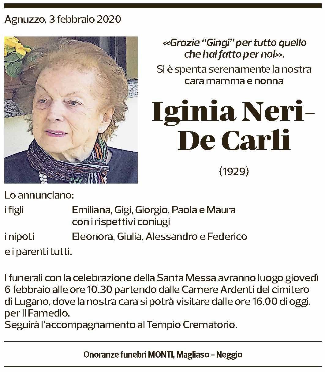 Annuncio funebre Iginia Neri-de Carli