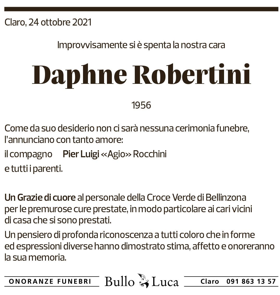 Annuncio funebre Daphne Robertini