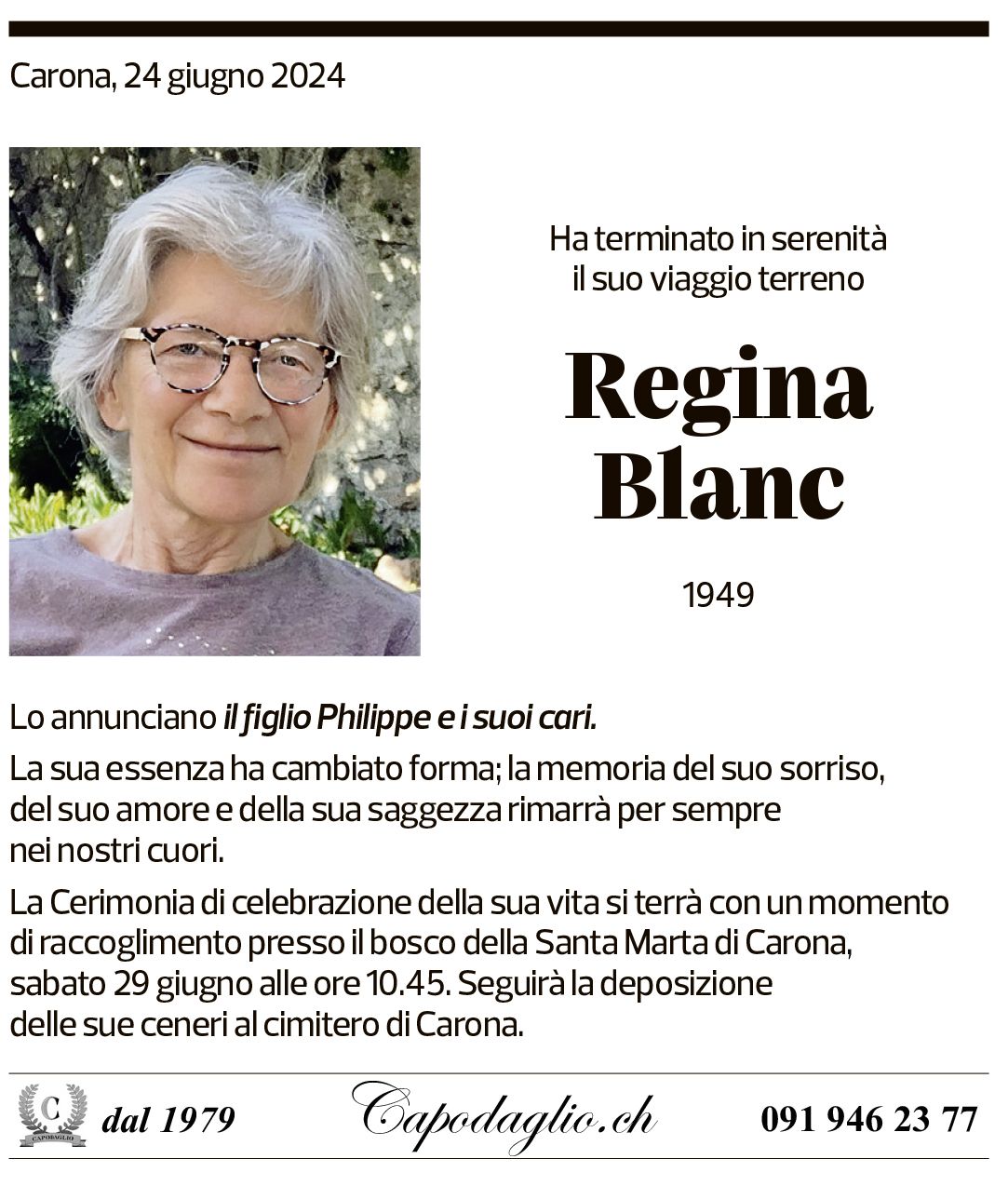 Annuncio funebre Regina Blanc