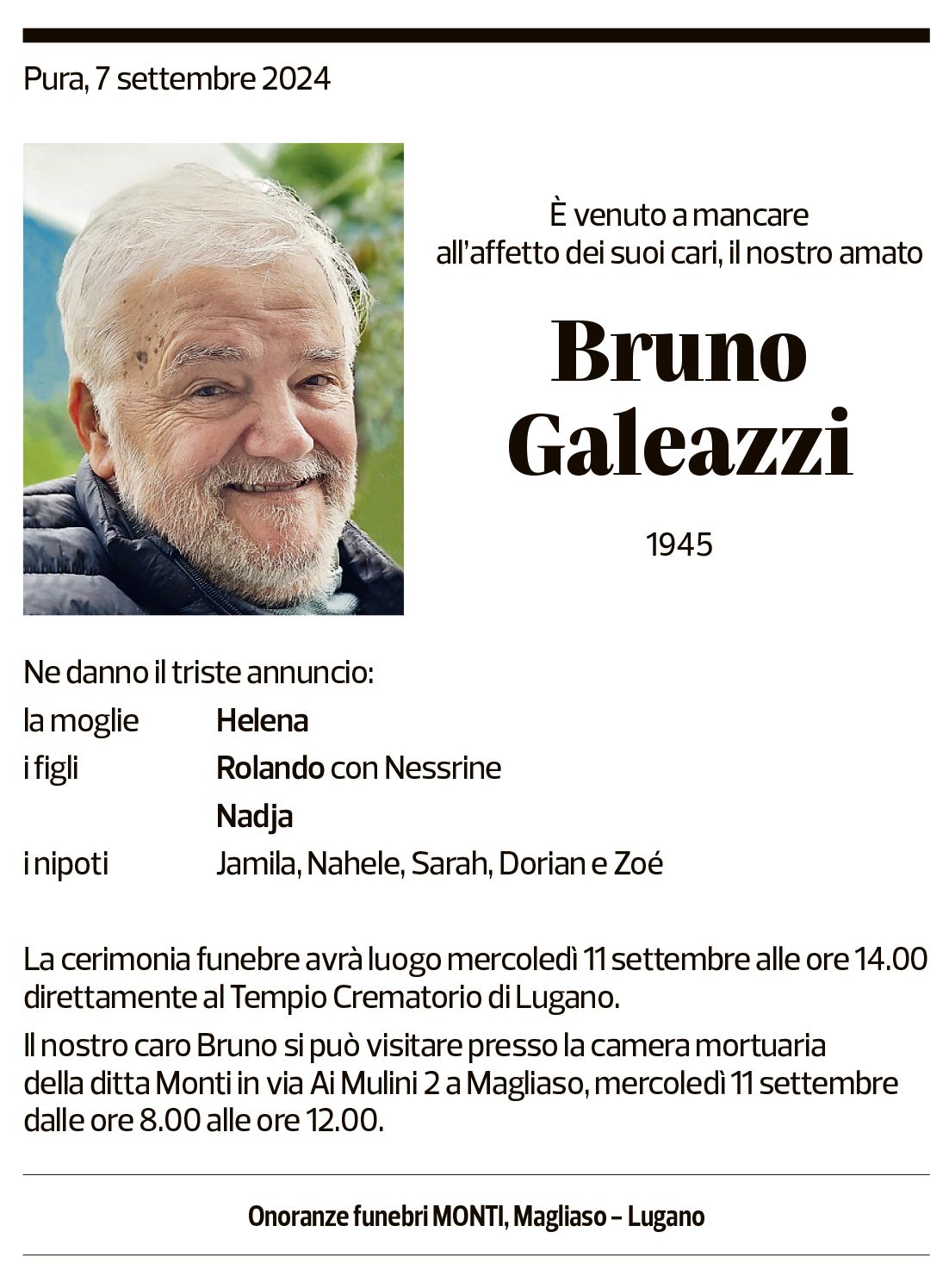 Annuncio funebre Bruno Galeazzi