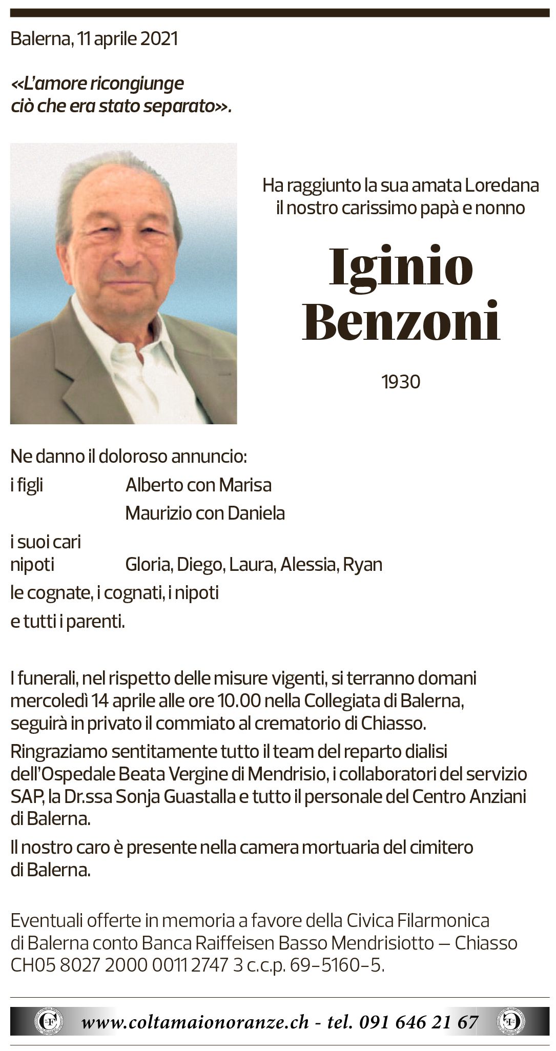 Annuncio funebre Iginio Benzoni