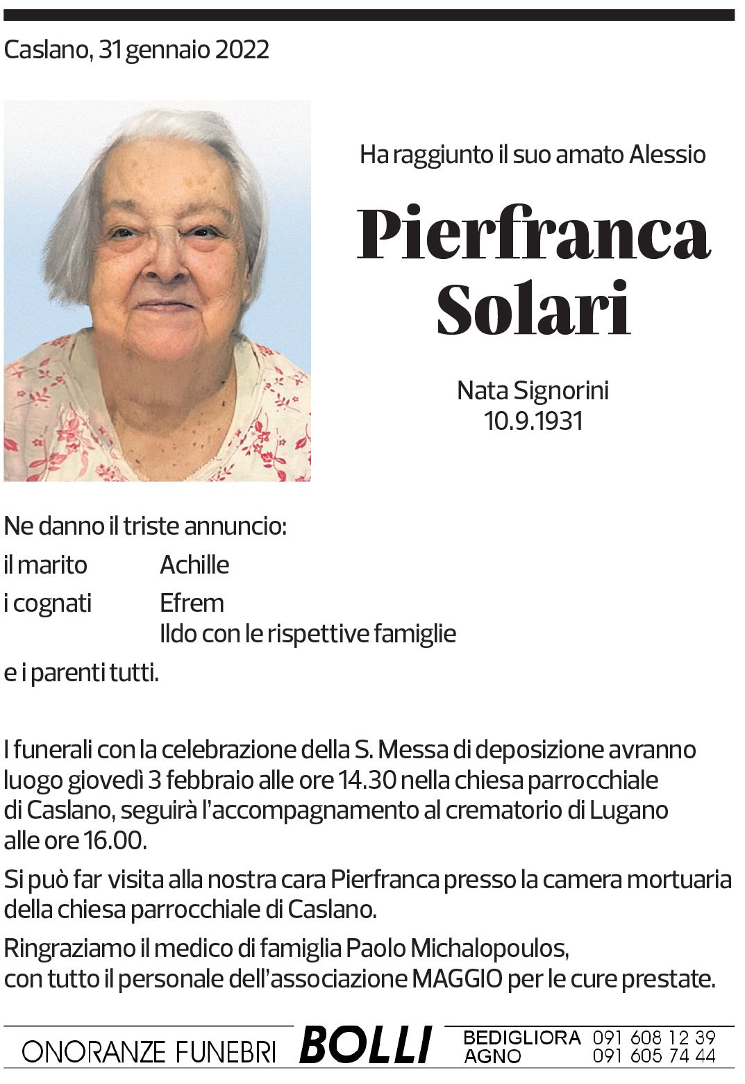 Annuncio funebre Pierfranca Solari