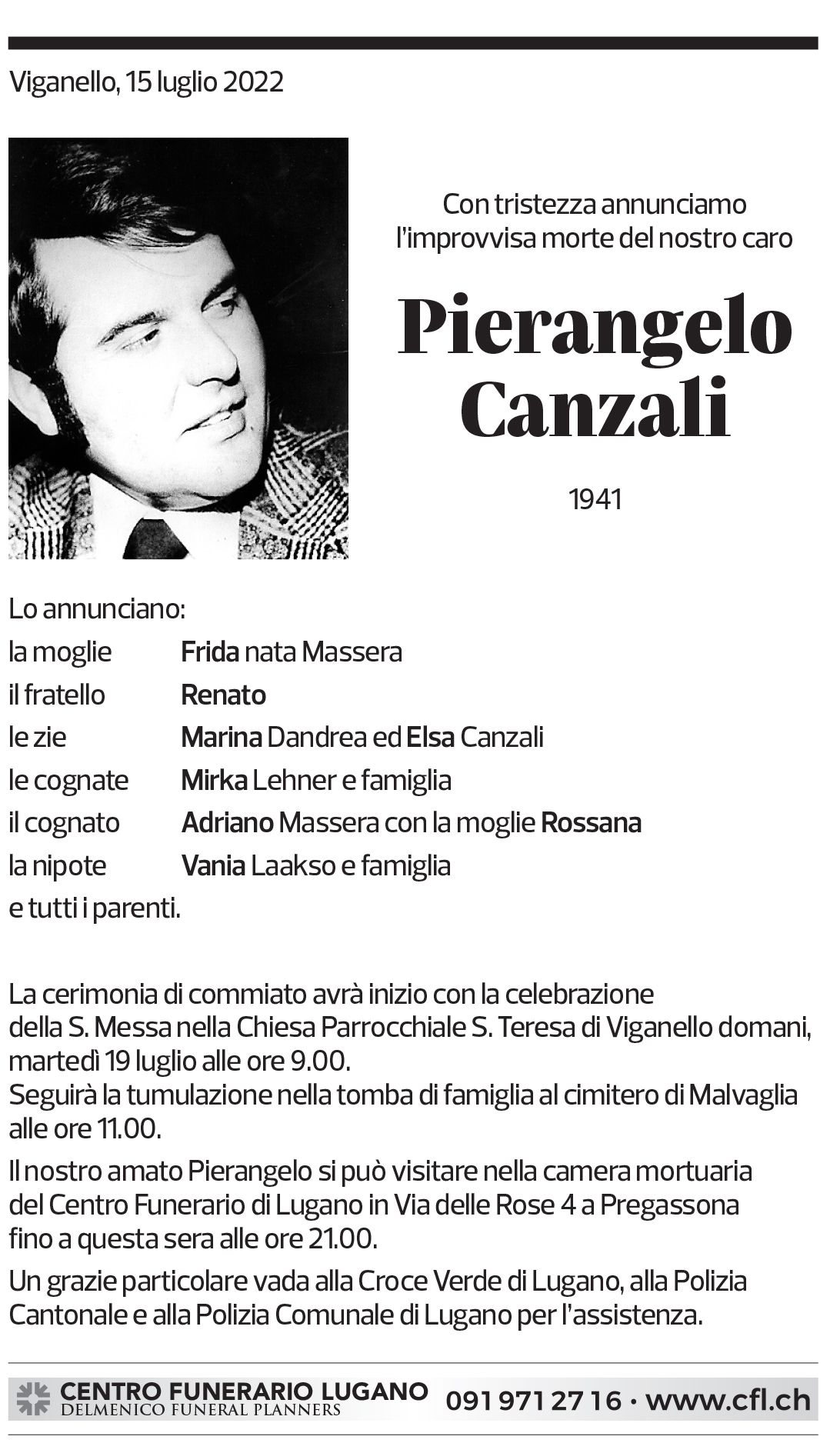 Annuncio funebre Pierangelo Canzali