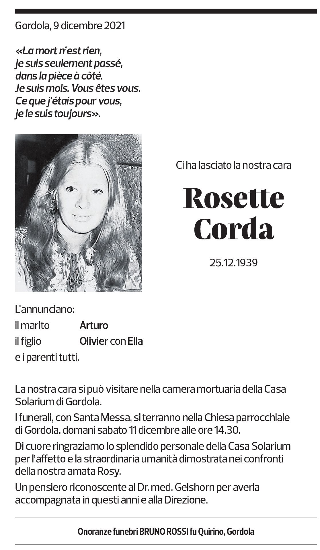 Annuncio funebre Rosette Corda