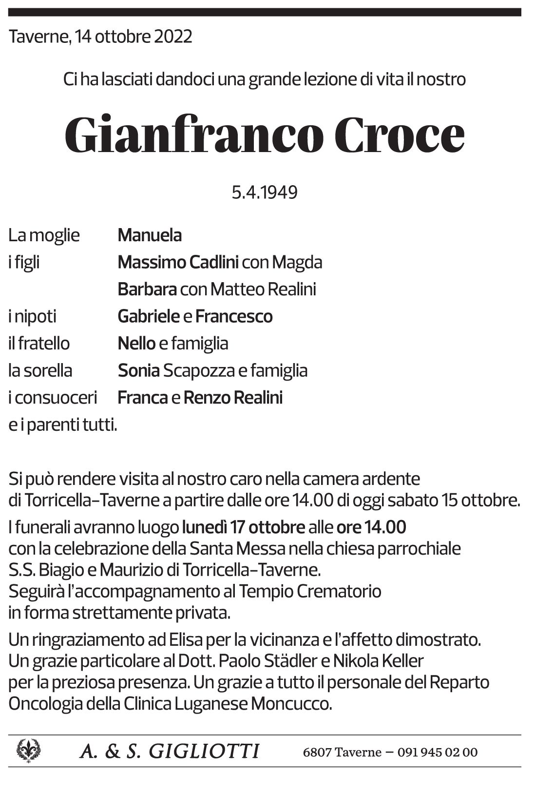 Annuncio funebre Gianfranco Croce