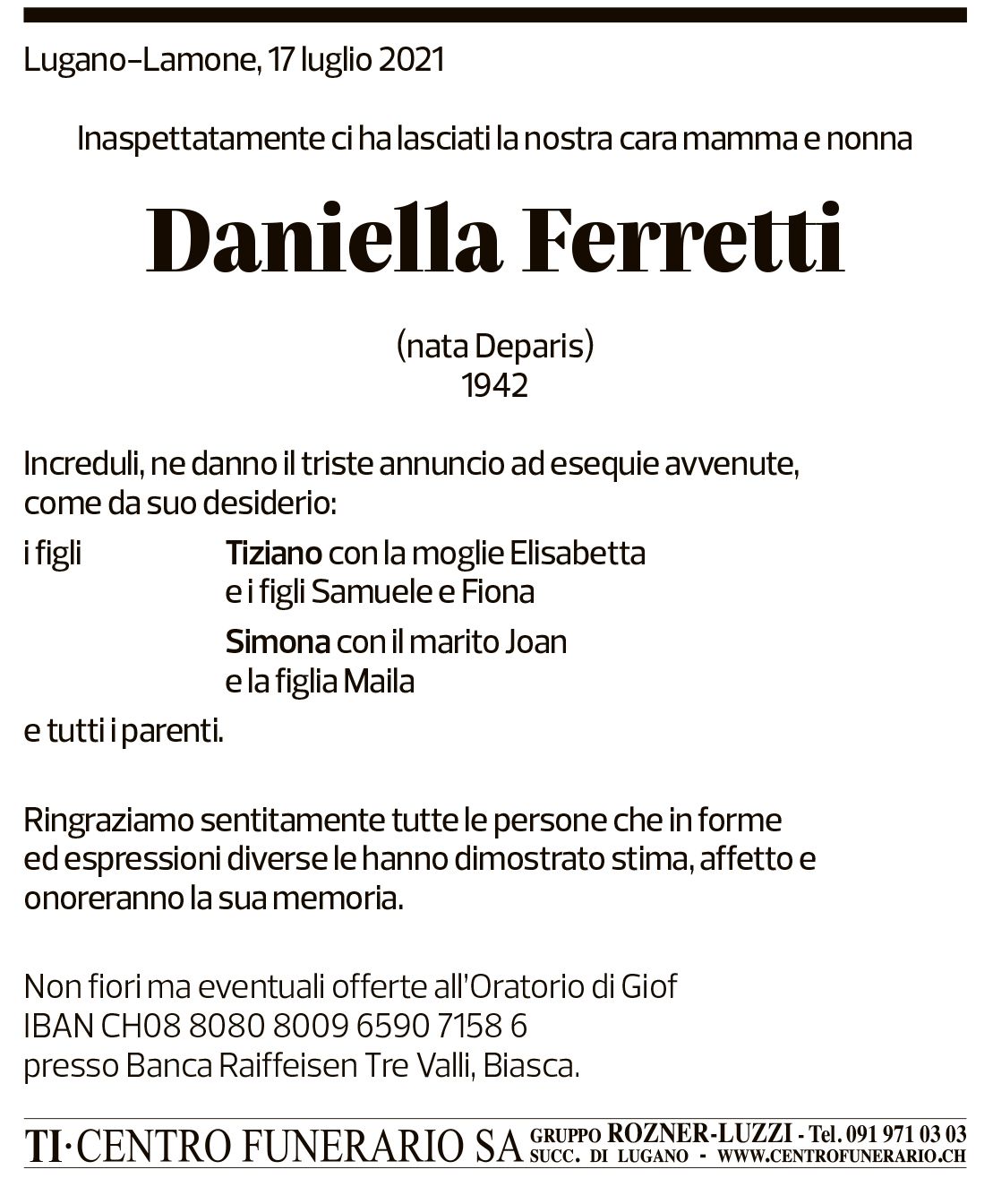 Annuncio funebre Daniella Ferretti